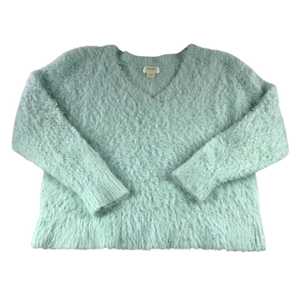Anthropologie Maeve Fuzzy Pullover Sweater S Mint Green V-Neck Relaxed Oversized
